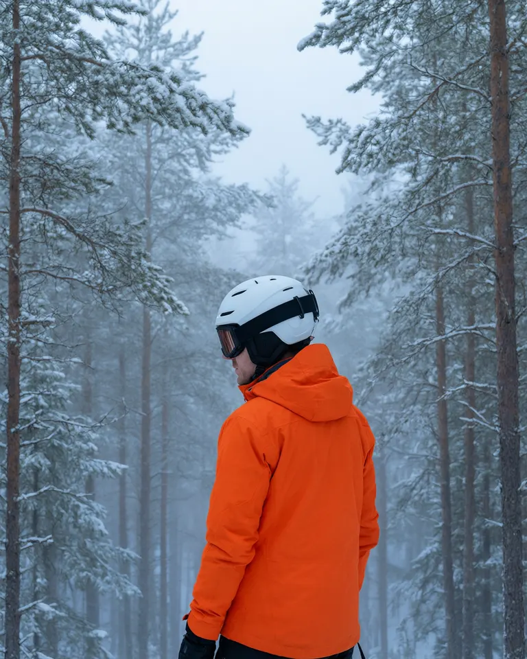 Skier in an orange jacket in a snowy misty pine forest